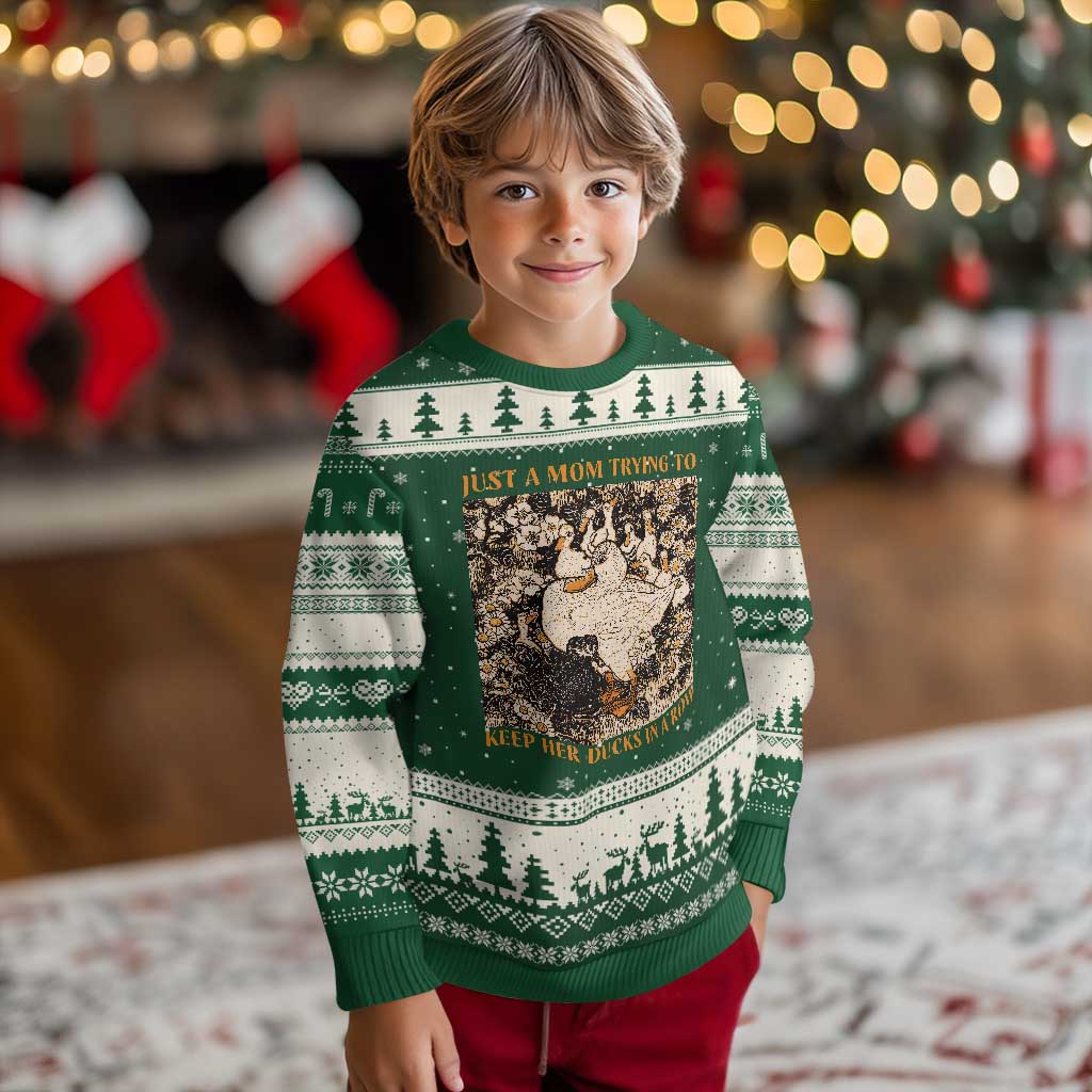 Just A Mom Trying To Keep Her Ducks In A Row Ugly Christmas Sweater Funny Duck Mom TS11 Forest Green Beige Print Your Wear
