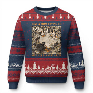 Just A Mom Trying To Keep Her Ducks In A Row Ugly Christmas Sweater Funny Duck Mom TS11 Navy Red Print Your Wear