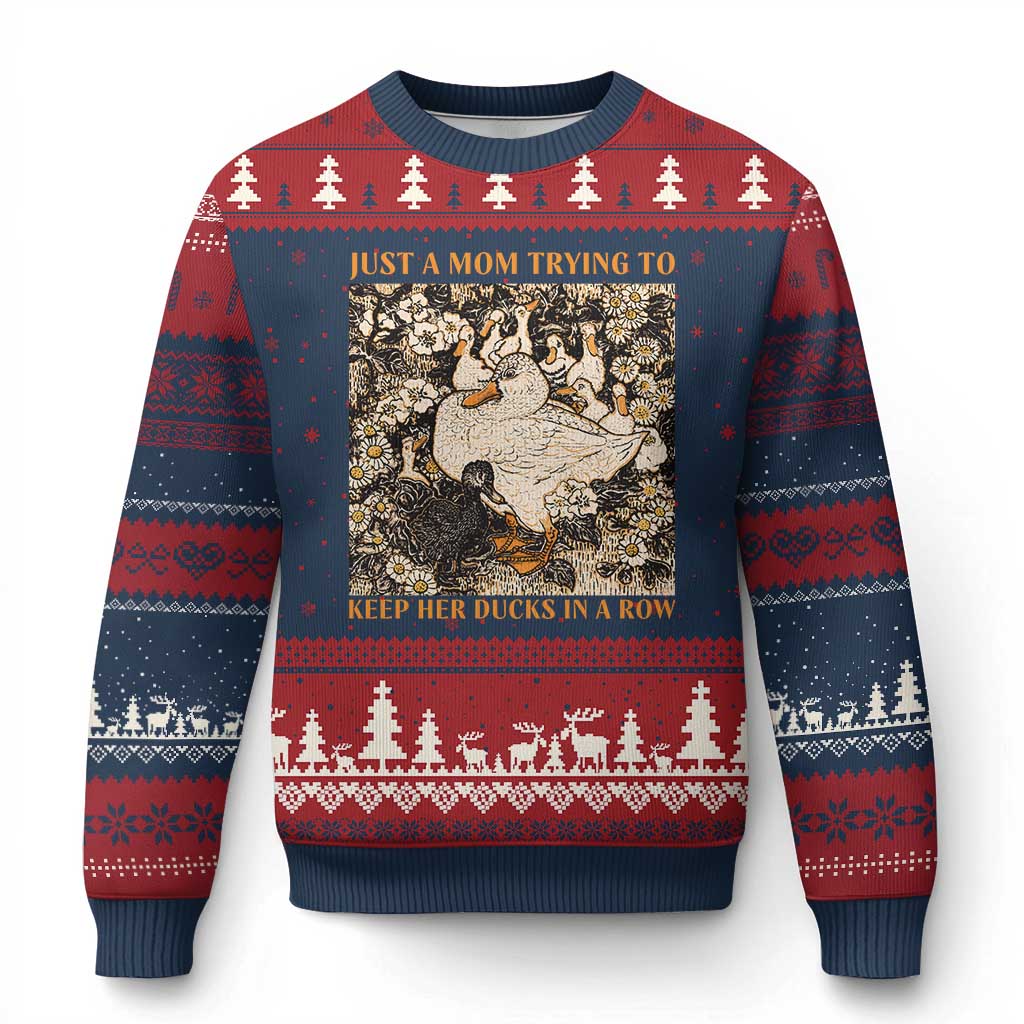 Just A Mom Trying To Keep Her Ducks In A Row Ugly Christmas Sweater Funny Duck Mom TS11 Navy Red Print Your Wear
