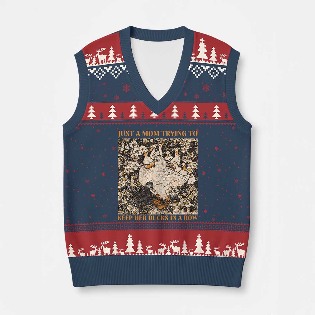 Just A Mom Trying To Keep Her Ducks In A Row V-Neck Knit Sweater Vest Funny Duck Mom TS11 Navy Red Print Your Wear