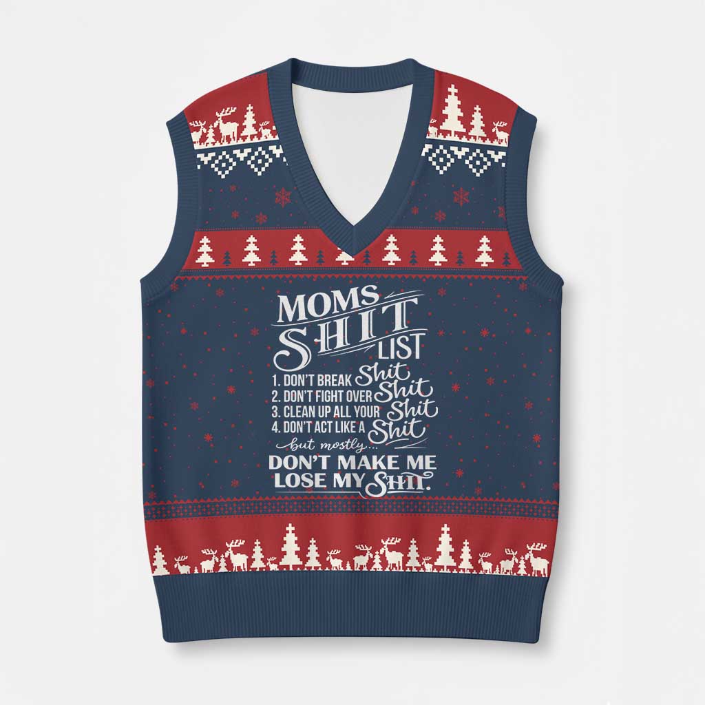 Mom Shit List V-Neck Knit Sweater Vest Funny Mom Life Sarcastic Mothers Day TS11 Navy Red Print Your Wear