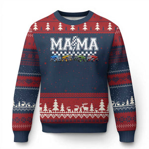 Monster Truck Mama Ugly Christmas Sweater Funny Truck Mom Checkered Mother's Day TS11 Navy Red Print Your Wear
