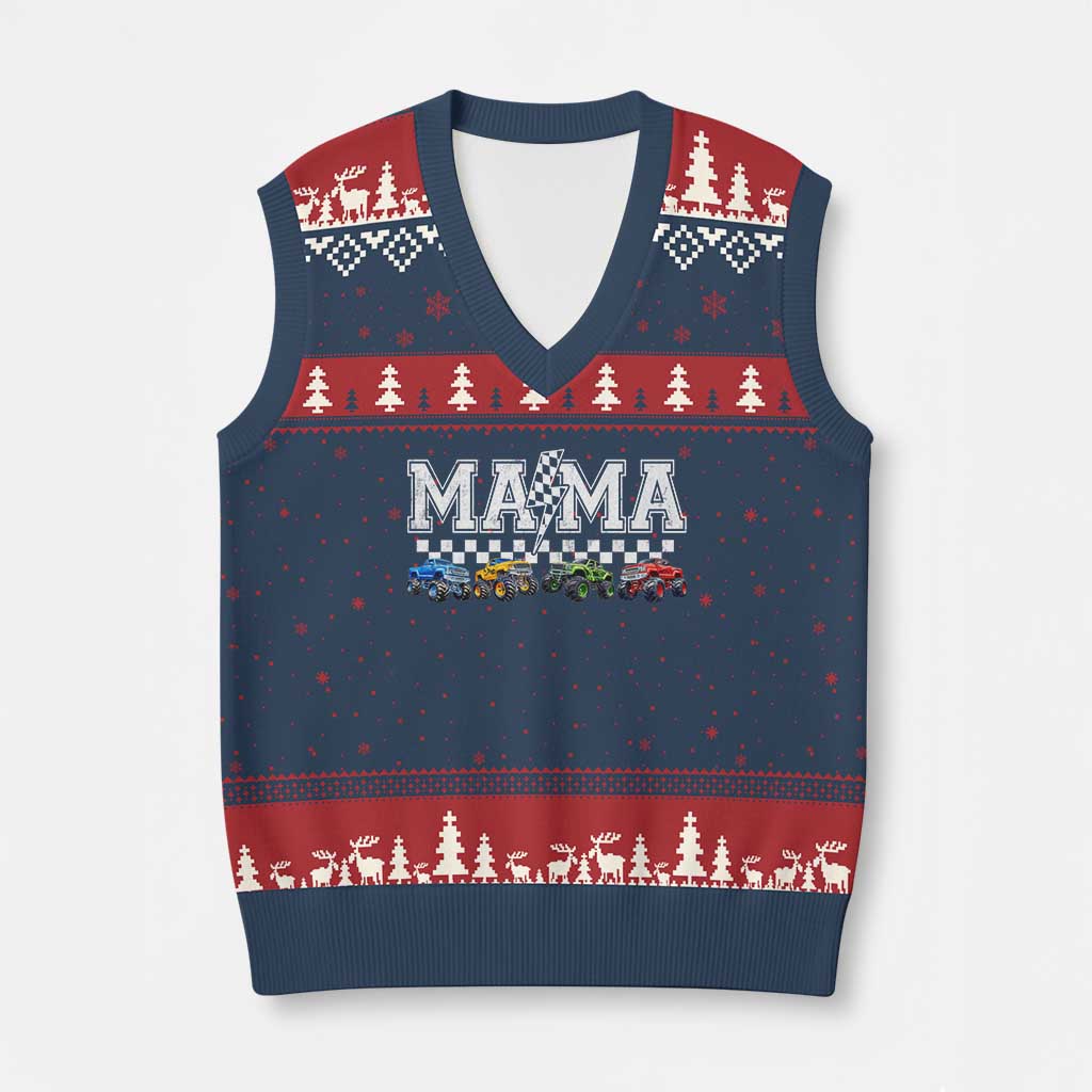 Monster Truck Mama V-Neck Knit Sweater Vest Funny Truck Mom Checkered Mother's Day TS11 Navy Red Print Your Wear