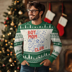 Boy Mom Club Ugly Christmas Sweater Mom Of Boys Dinosaur Kids Toy Doodles TS11 Beige Green Print Your Wear