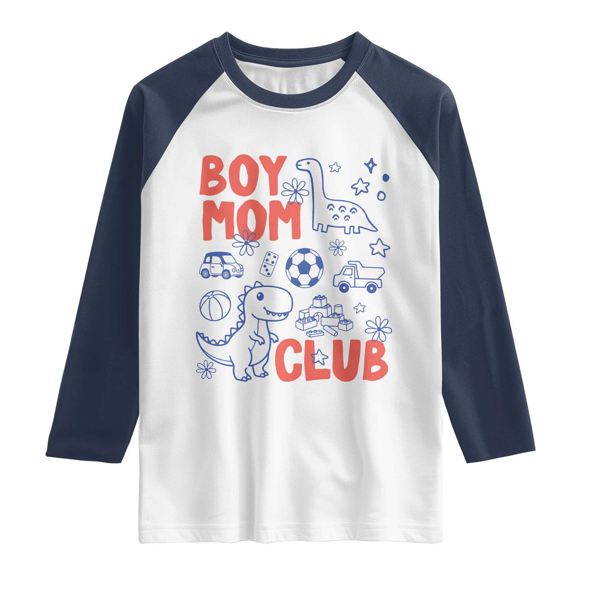 Boy Mom Club Raglan Shirt Mom Of Boys Dinosaur Kids Toy Doodles TS11 White Navy Print Your Wear