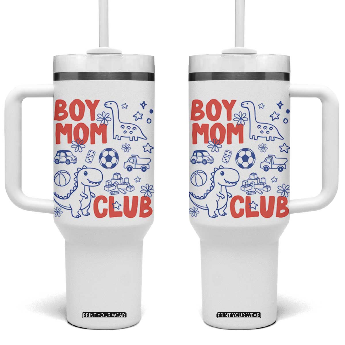 Boy Mom Club Tumbler With Handle Mom Of Boys Dinosaur Kids Toy Doodles TS11 One Size: 40 oz White Print Your Wear