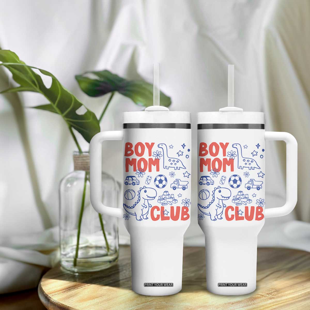 Boy Mom Club Tumbler With Handle Mom Of Boys Dinosaur Kids Toy Doodles TS11 Print Your Wear