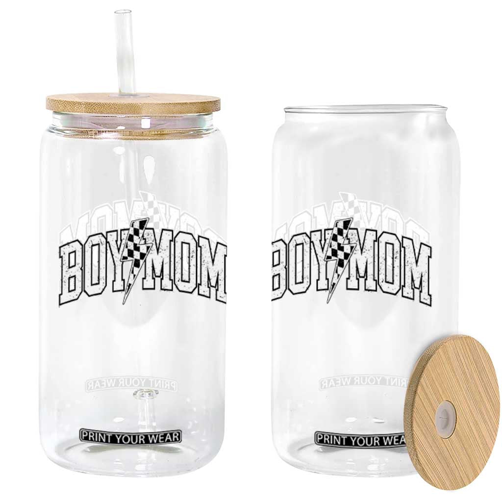 Boy Mom Lightning Bolt Checkered Varsity Son Mama Glass Can TS11 Print Your Wear