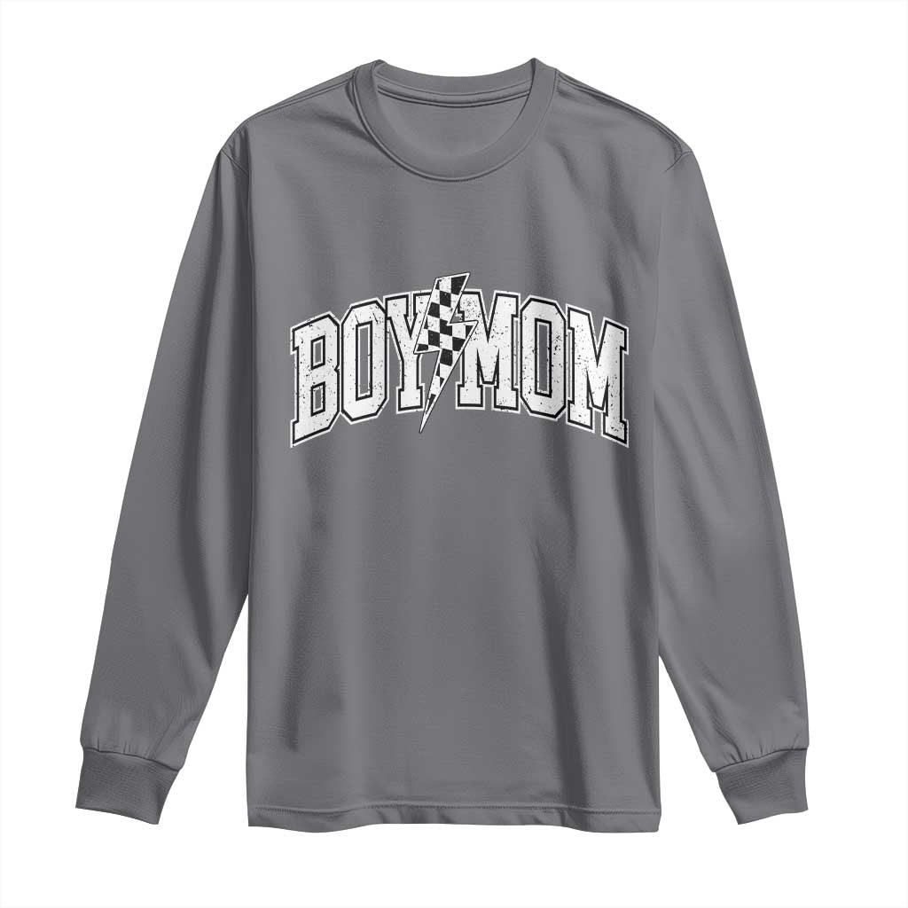 Boy Mom Lightning Bolt Checkered Varsity Son Mama Long Sleeve Shirt TS11 Charcoal Print Your Wear