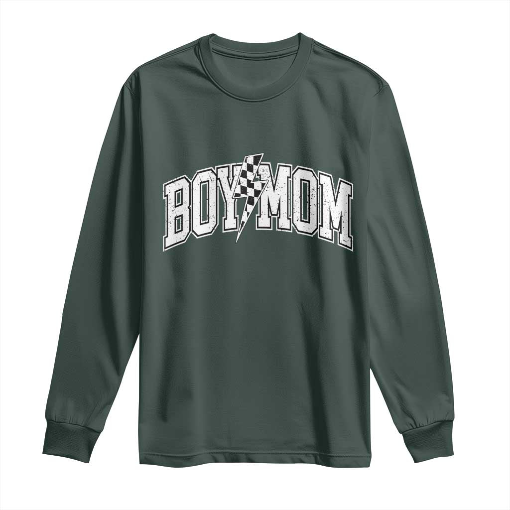 Boy Mom Lightning Bolt Checkered Varsity Son Mama Long Sleeve Shirt TS11 Dark Forest Green Print Your Wear