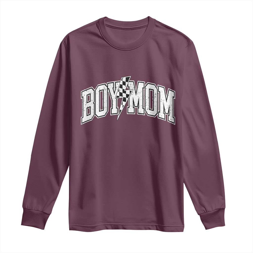 Boy Mom Lightning Bolt Checkered Varsity Son Mama Long Sleeve Shirt TS11 Maroon Print Your Wear