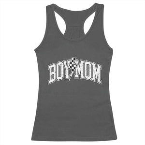 Boy Mom Lightning Bolt Checkered Varsity Son Mama Racerback Tank Top TS11 Dark Heather Print Your Wear
