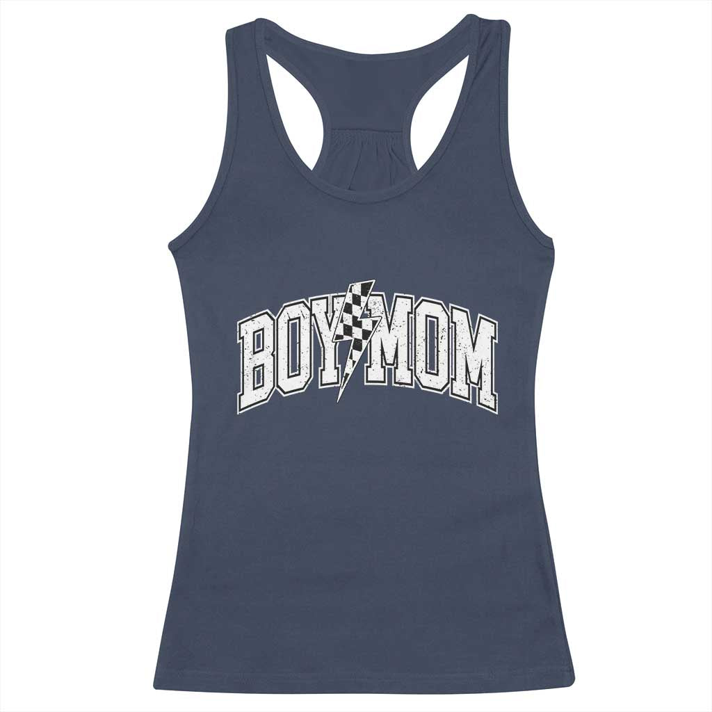 Boy Mom Lightning Bolt Checkered Varsity Son Mama Racerback Tank Top TS11 Navy Print Your Wear