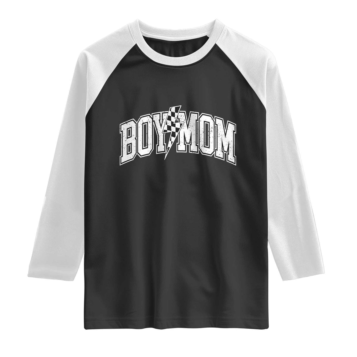 Boy Mom Lightning Bolt Checkered Varsity Son Mama Raglan Shirt TS11 Black White Print Your Wear
