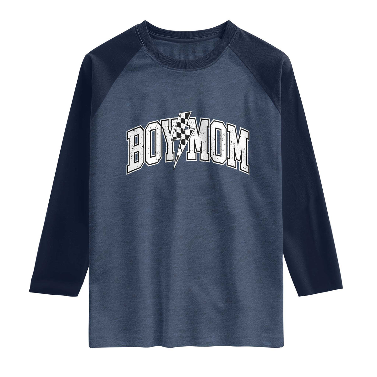 Boy Mom Lightning Bolt Checkered Varsity Son Mama Raglan Shirt TS11 Heather Denim Navy Print Your Wear
