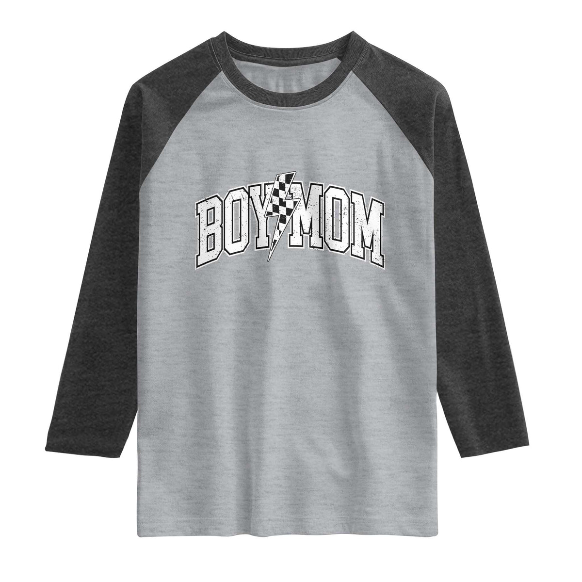 Boy Mom Lightning Bolt Checkered Varsity Son Mama Raglan Shirt TS11 Heather Gray Heather Charcoal Print Your Wear