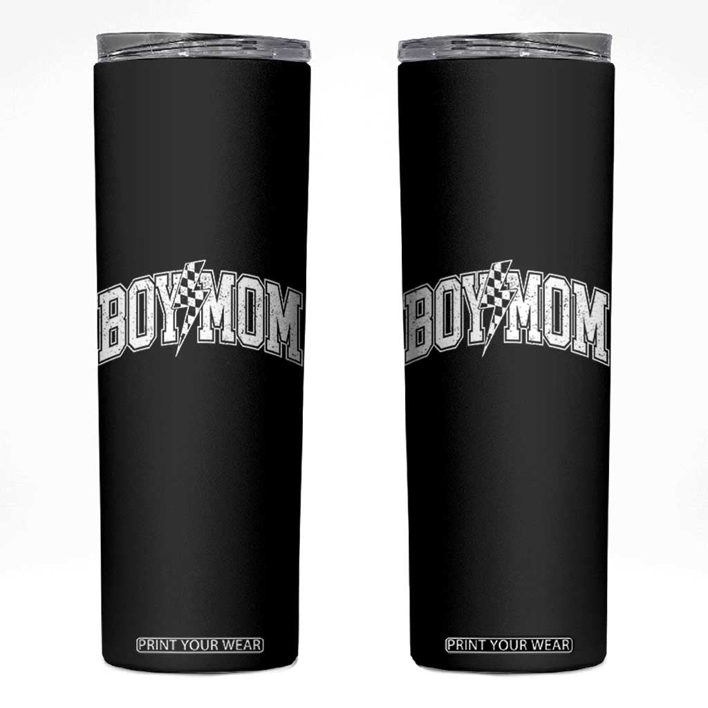 Boy Mom Lightning Bolt Checkered Varsity Son Mama Skinny Tumbler TS11 Black Print Your Wear