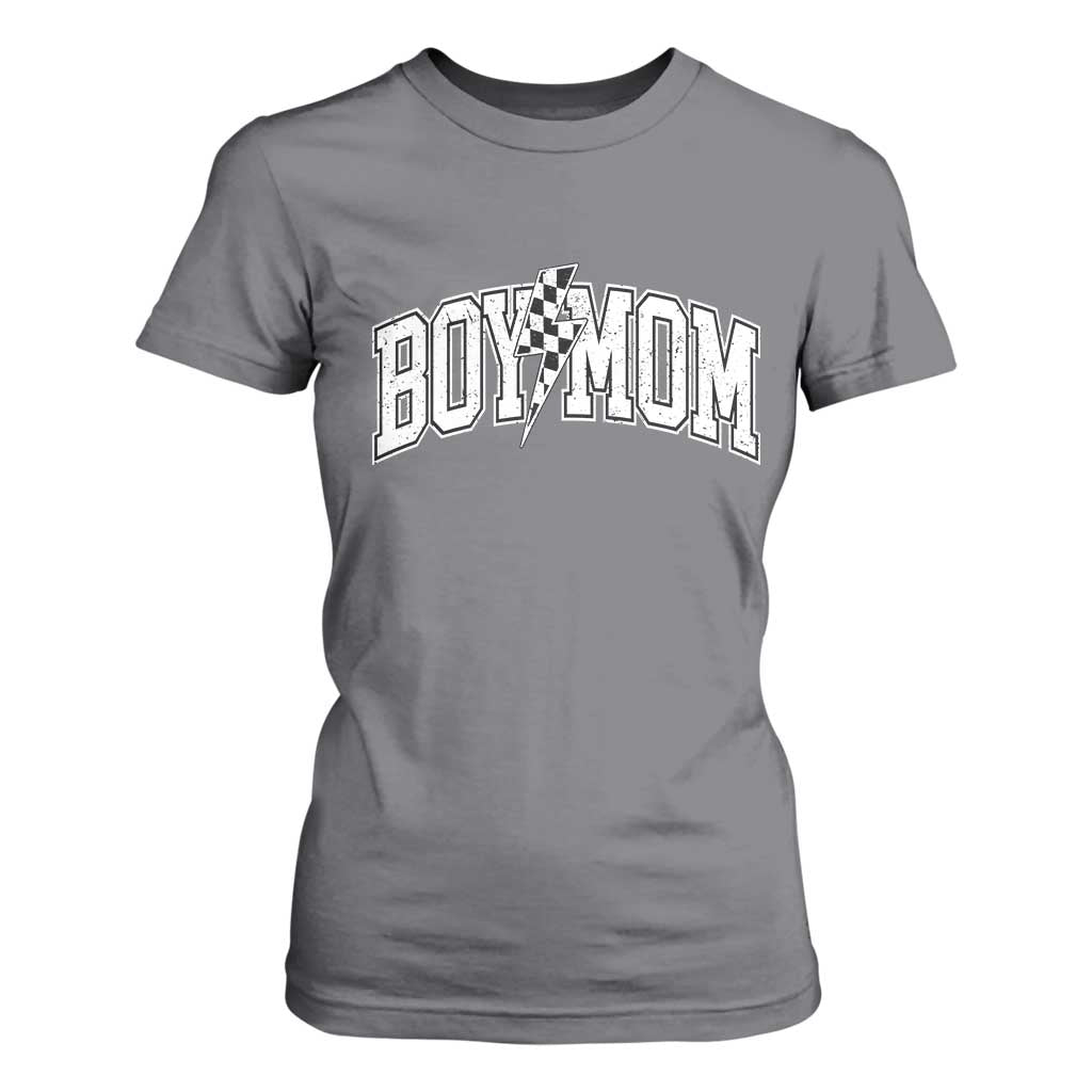Boy Mom Lightning Bolt Checkered Varsity Son Mama T Shirt For Women TS11 Charcoal Print Your Wear