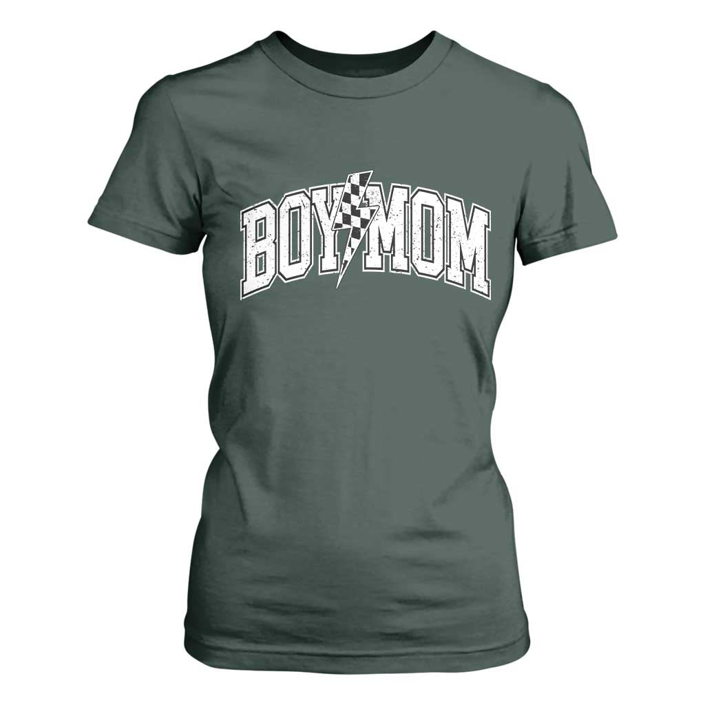 Boy Mom Lightning Bolt Checkered Varsity Son Mama T Shirt For Women TS11 Dark Forest Green Print Your Wear