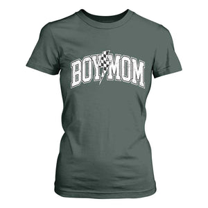 Boy Mom Lightning Bolt Checkered Varsity Son Mama T Shirt For Women TS11 Dark Forest Green Print Your Wear