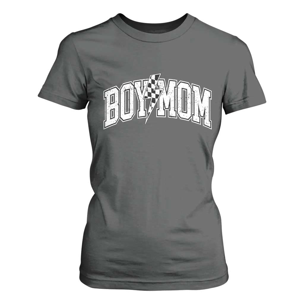 Boy Mom Lightning Bolt Checkered Varsity Son Mama T Shirt For Women TS11 Dark Heather Print Your Wear