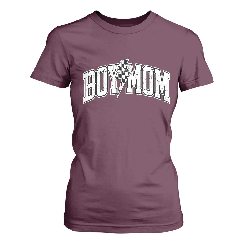 Boy Mom Lightning Bolt Checkered Varsity Son Mama T Shirt For Women TS11 Maroon Print Your Wear