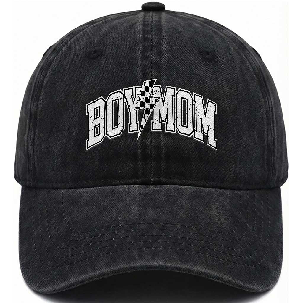 Boy Mom Lightning Bolt Checkered Varsity Son Mama Washed Cotton Baseball Cap TS11 Print Your Wear