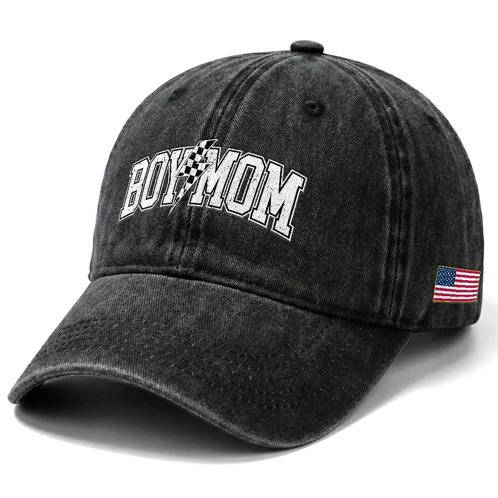 Boy Mom Lightning Bolt Checkered Varsity Son Mama Washed Cotton Baseball Cap TS11 Print Your Wear