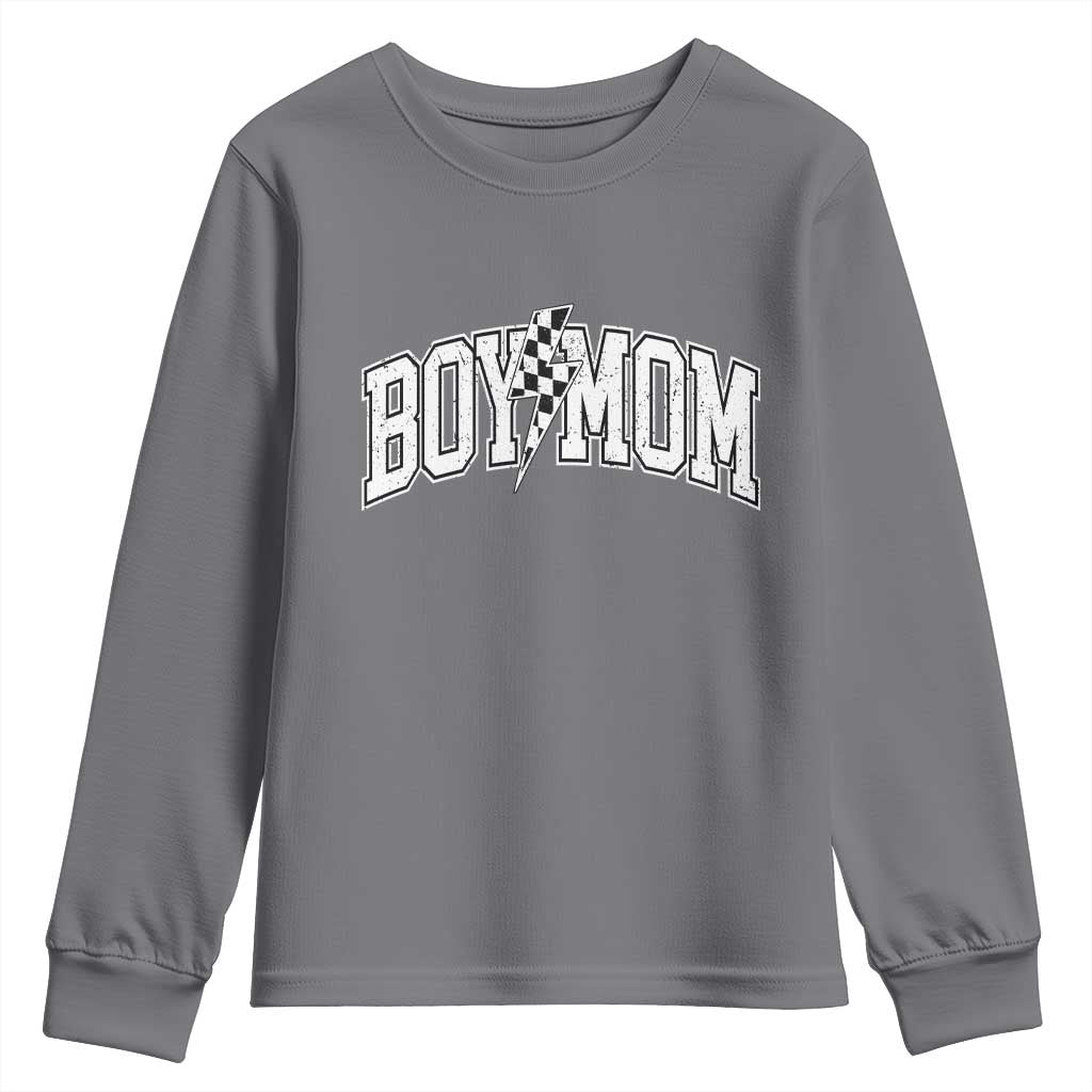 Boy Mom Lightning Bolt Checkered Varsity Son Mama Youth Sweatshirt TS11 Charcoal Print Your Wear