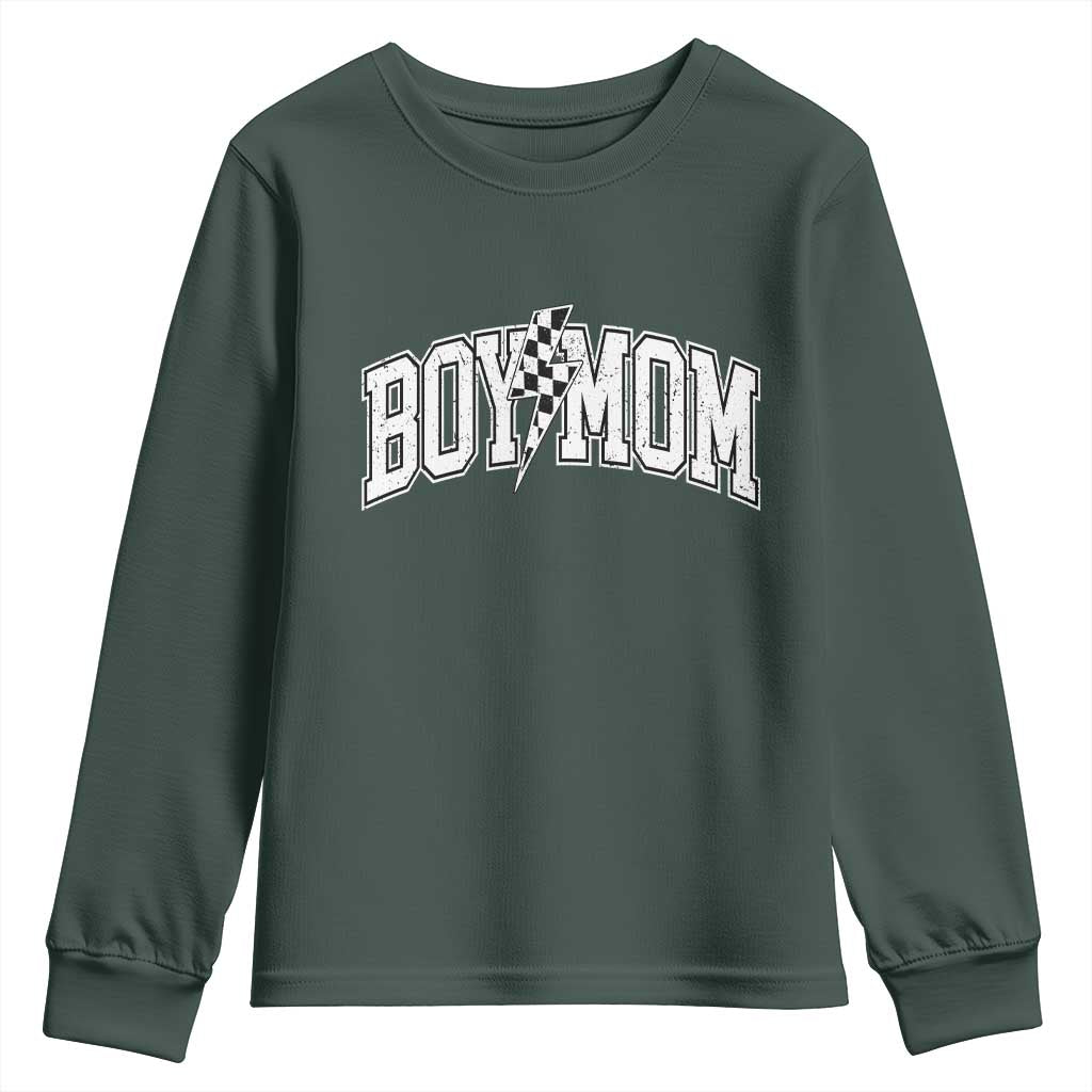 Boy Mom Lightning Bolt Checkered Varsity Son Mama Youth Sweatshirt TS11 Dark Forest Green Print Your Wear