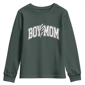 Boy Mom Lightning Bolt Checkered Varsity Son Mama Youth Sweatshirt TS11 Dark Forest Green Print Your Wear