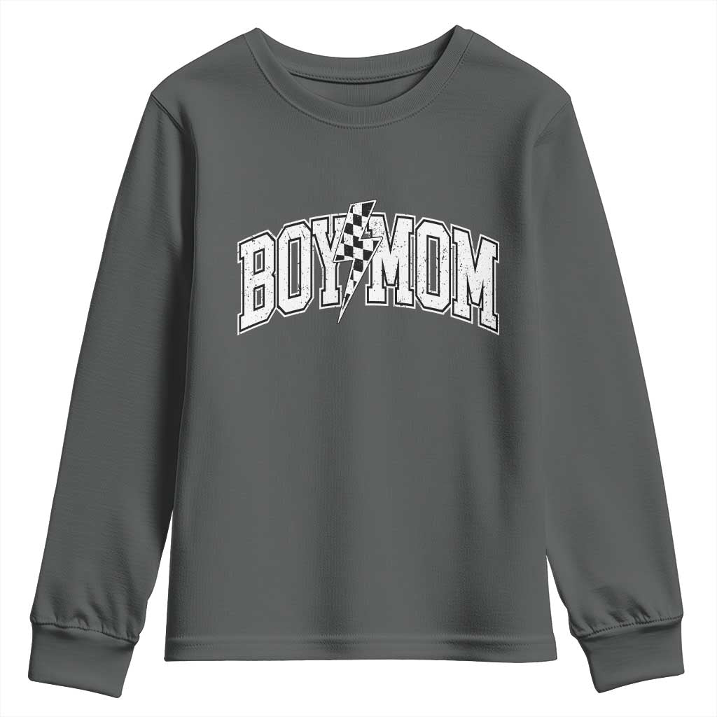 Boy Mom Lightning Bolt Checkered Varsity Son Mama Youth Sweatshirt TS11 Dark Heather Print Your Wear