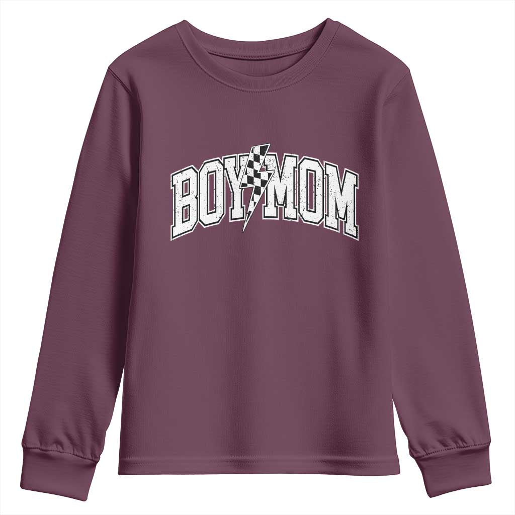 Boy Mom Lightning Bolt Checkered Varsity Son Mama Youth Sweatshirt TS11 Maroon Print Your Wear