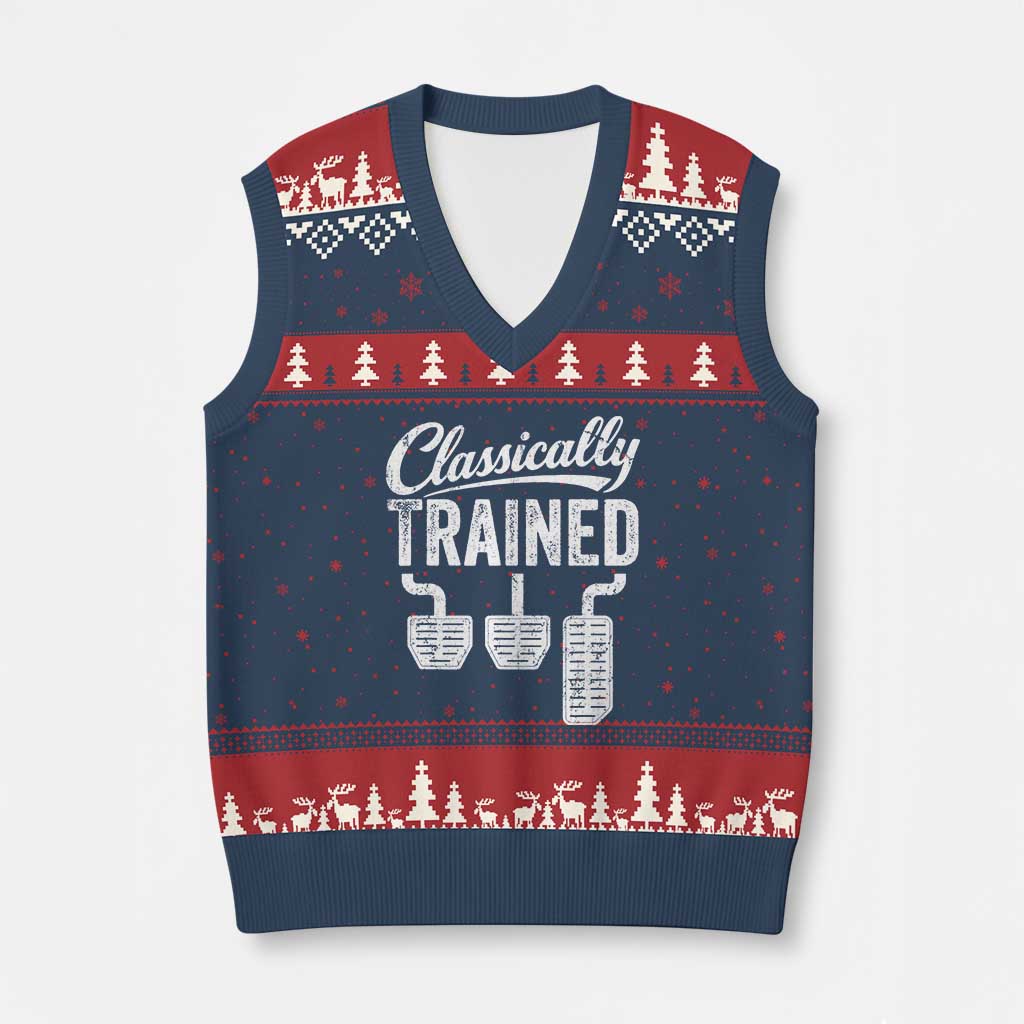 Classically Trained Manual Car V-Neck Knit Sweater Vest Pedals Driving Humor TS11 Navy Red Print Your Wear