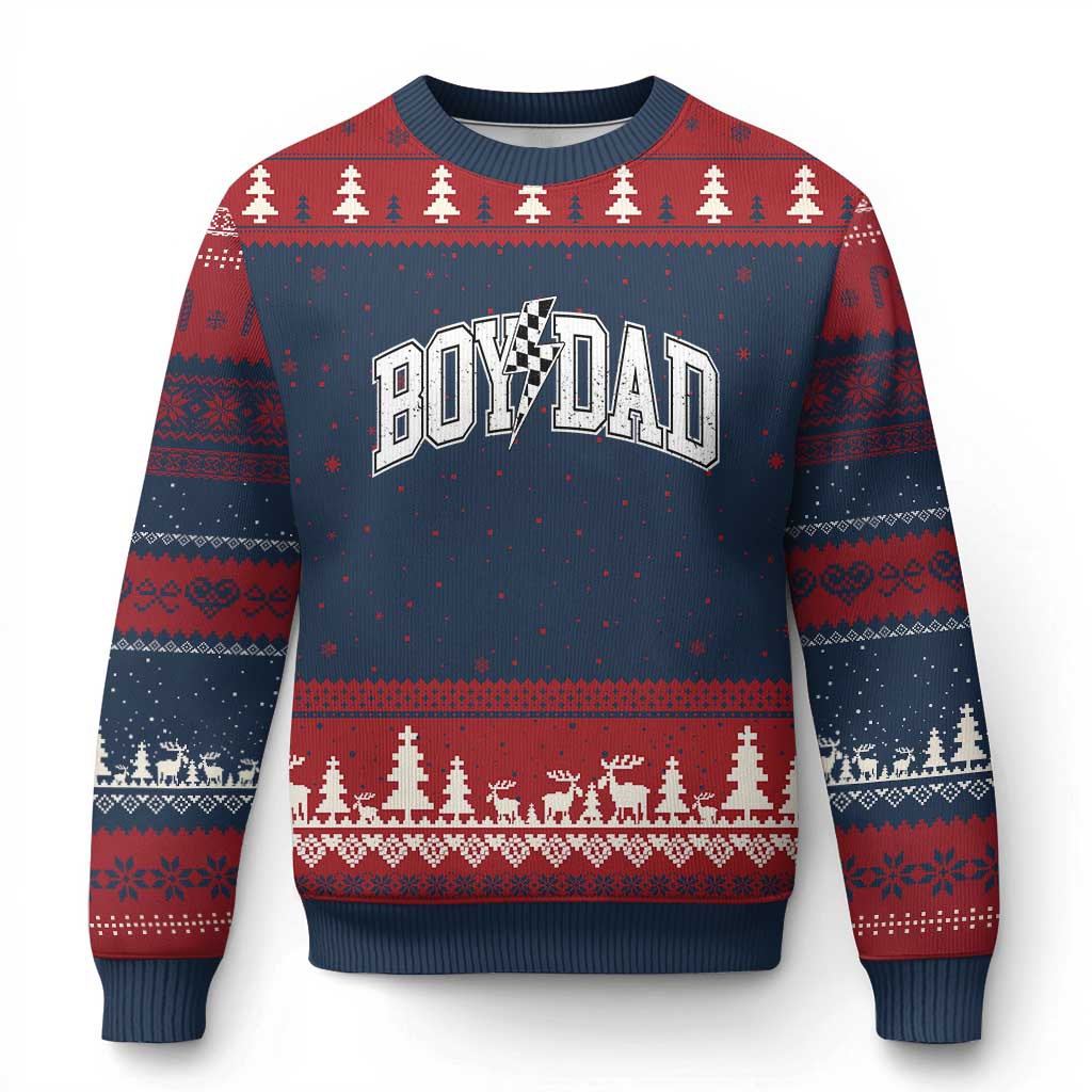 Boy Dad Lightning Bolt Checkered Varsity Son Daddy Ugly Christmas Sweater TS11 Navy Red Print Your Wear
