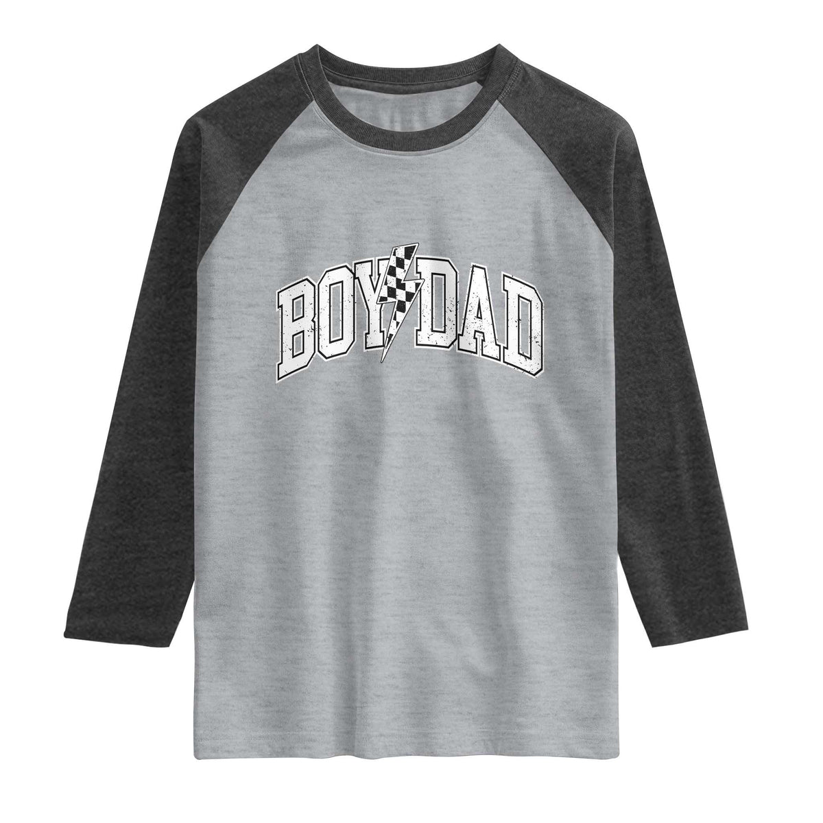 Boy Dad Lightning Bolt Checkered Varsity Son Daddy Raglan Shirt TS11 Heather Gray Heather Charcoal Print Your Wear