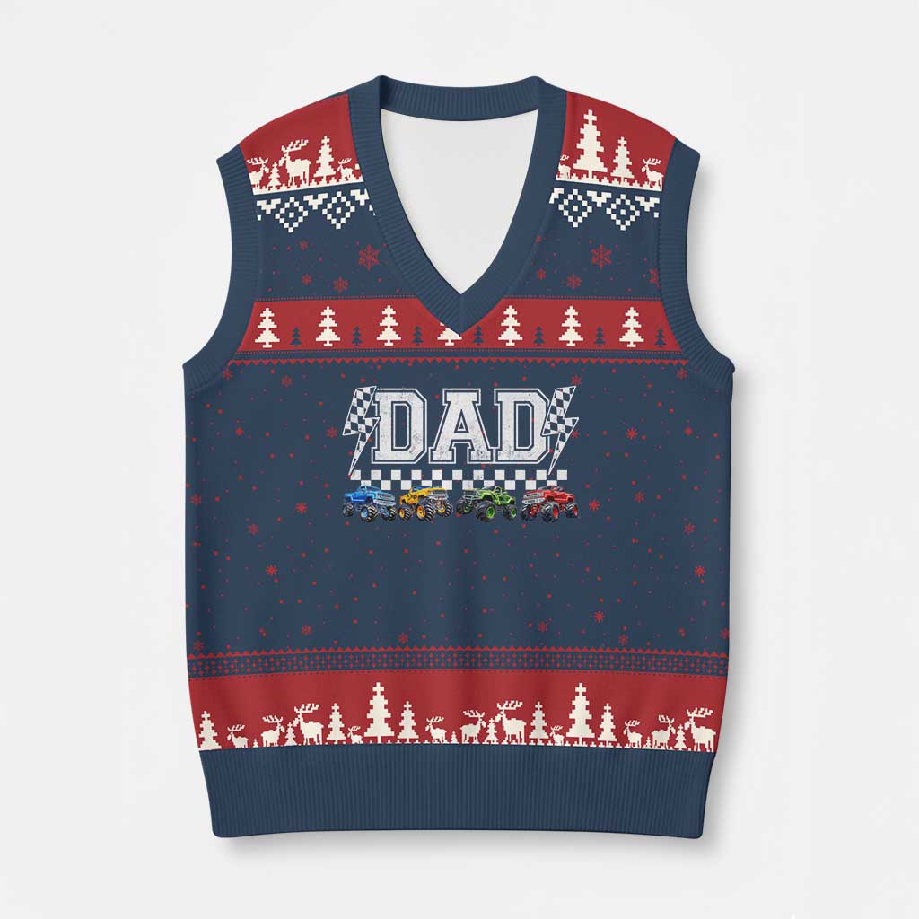 Monster Truck Dad V-Neck Knit Sweater Vest Funny Truck Daddy Checkered Father's Day TS11 Navy Red Print Your Wear