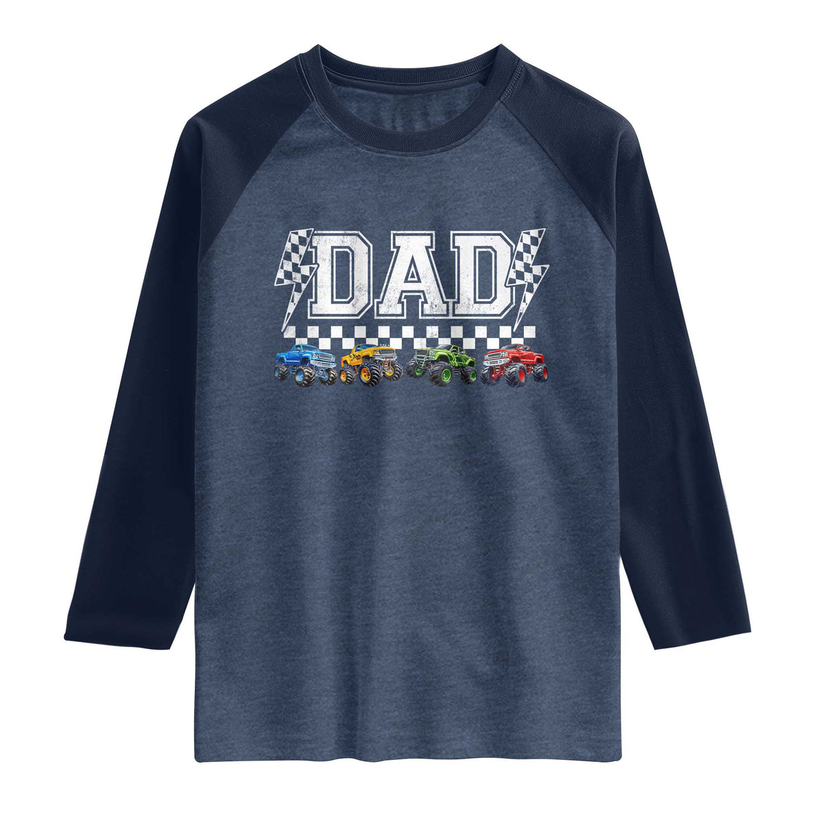Monster Truck Dad Raglan Shirt Funny Truck Daddy Checkered Father's Day TS11 Heather Denim Navy Print Your Wear