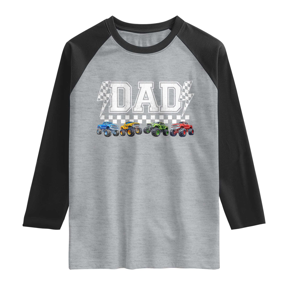 Monster Truck Dad Raglan Shirt Funny Truck Daddy Checkered Father's Day TS11 Heather Gray Black Print Your Wear