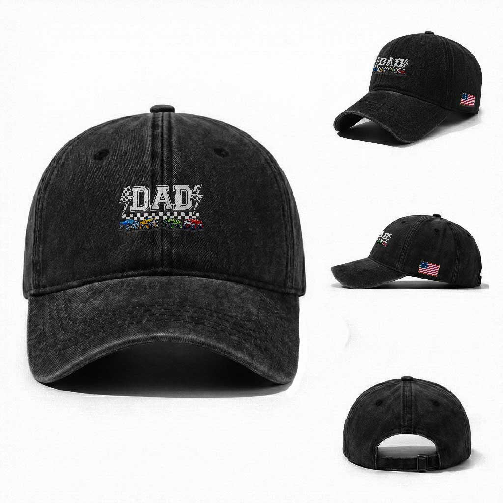 Monster Truck Dad Washed Cotton Baseball Cap Funny Truck Daddy Checkered Father's Day TS11 Washed Cap Universal Fit Black Print Your Wear