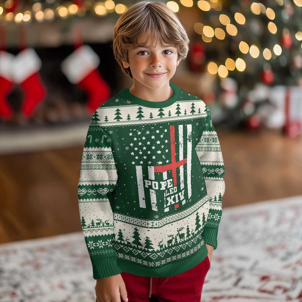 Pope Leo XIV Ugly Christmas Sweater First American Pope Catholic Religious Cross American Flag TS11 Forest Green Beige Print Your Wear