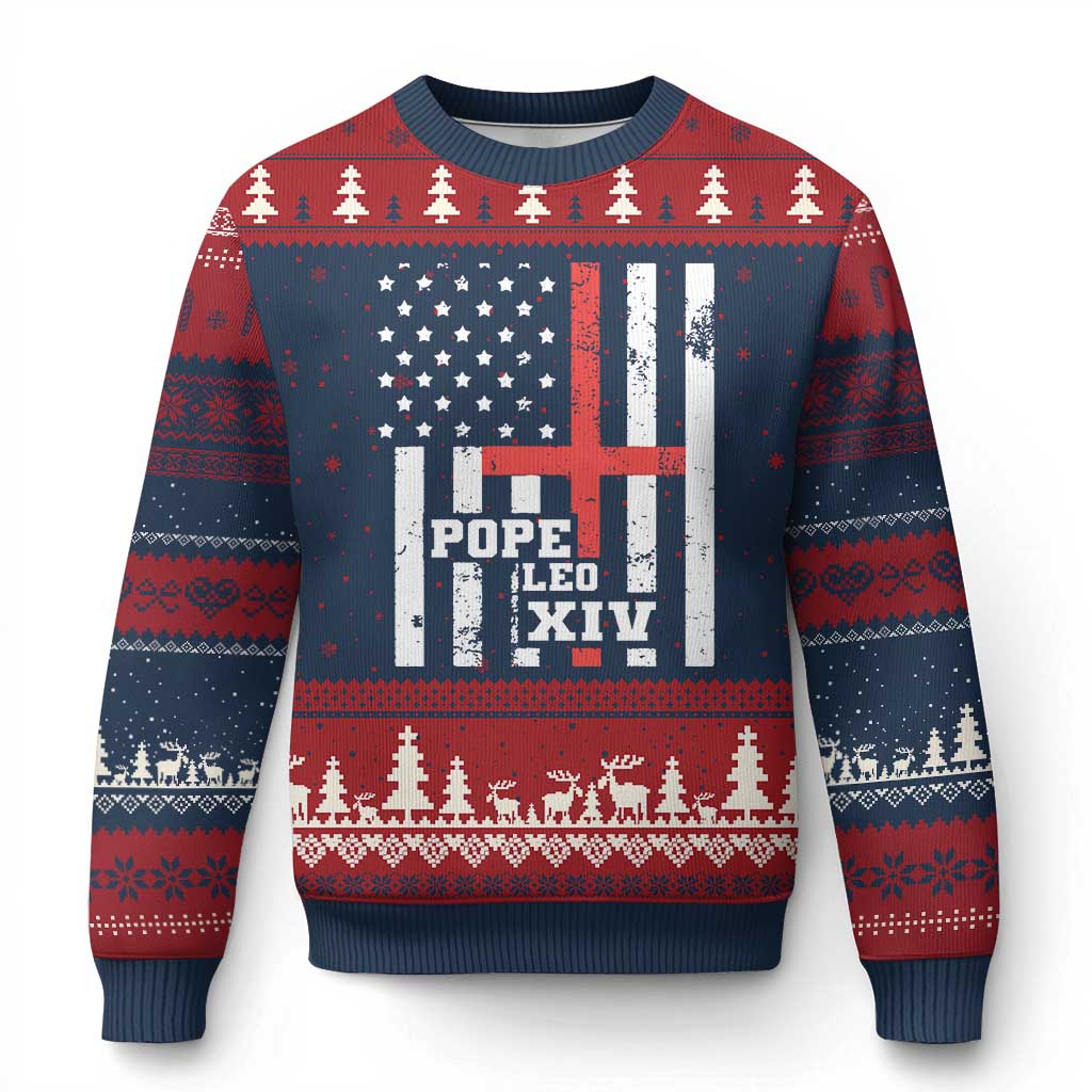 Pope Leo XIV Ugly Christmas Sweater First American Pope Catholic Religious Cross American Flag TS11 Navy Red Print Your Wear