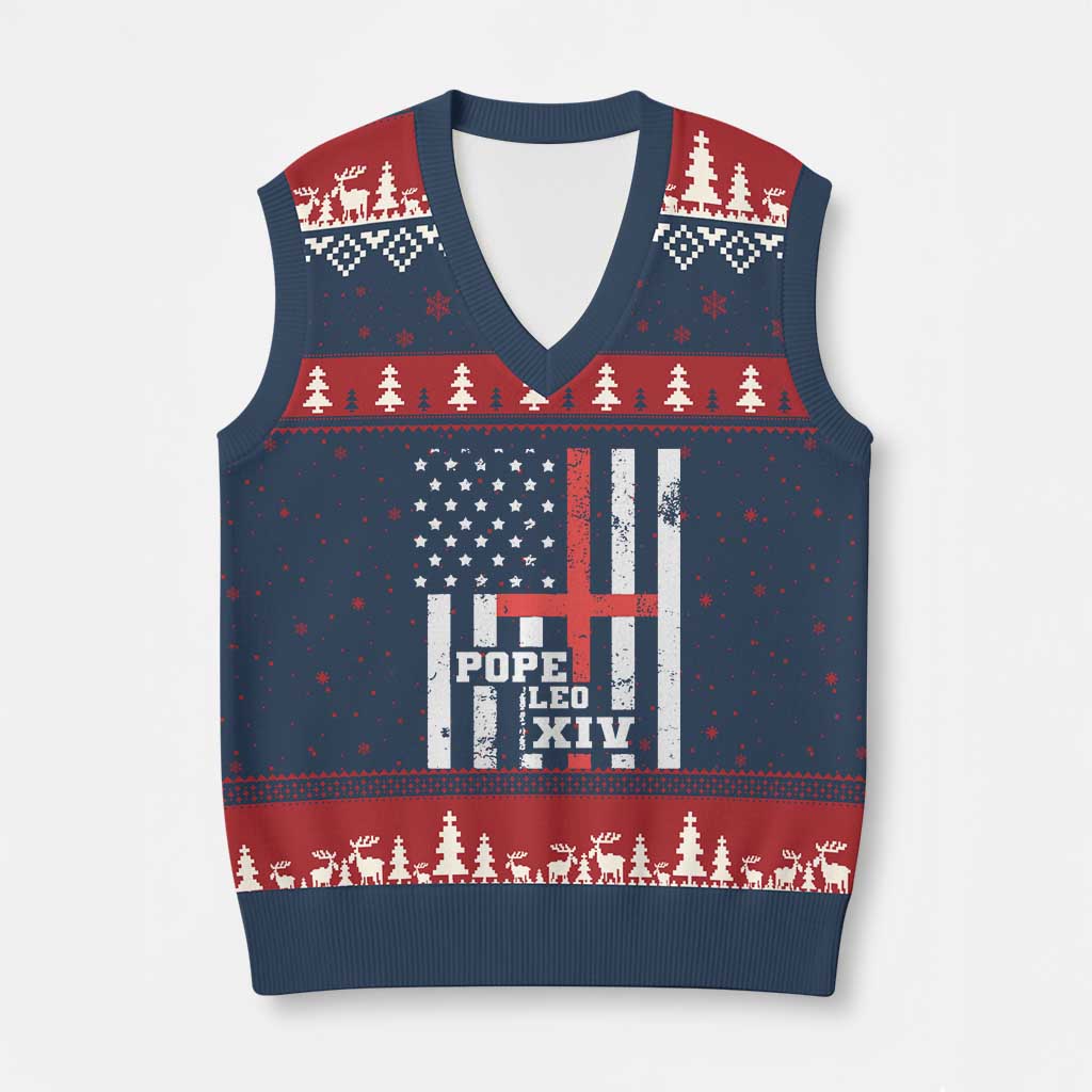Pope Leo XIV V-Neck Knit Sweater Vest First American Pope Catholic Religious Cross American Flag TS11 Navy Red Print Your Wear