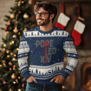 Pope Leo XIV Ugly Christmas Sweater First American Pope Catholic Religious Cross TS11 Navy Beige Print Your Wear