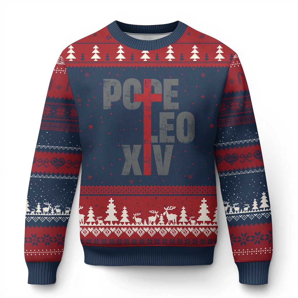 Pope Leo XIV Ugly Christmas Sweater First American Pope Catholic Religious Cross TS11 Navy Red Print Your Wear