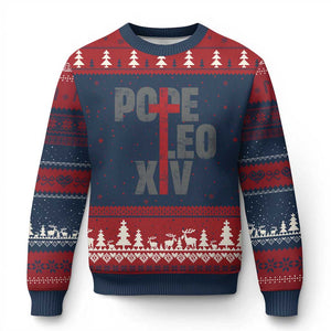 Pope Leo XIV Ugly Christmas Sweater First American Pope Catholic Religious Cross TS11 Navy Red Print Your Wear