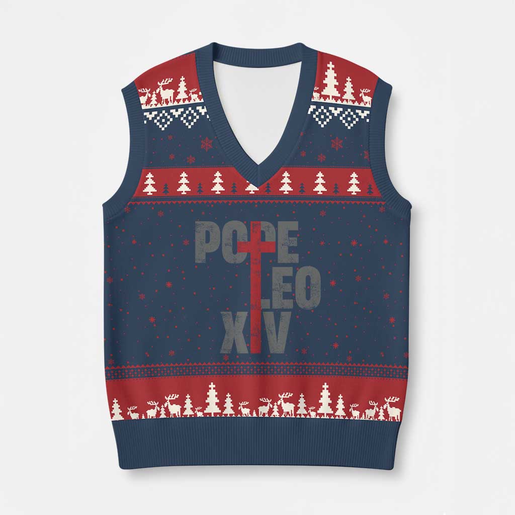 Pope Leo XIV V-Neck Knit Sweater Vest First American Pope Catholic Religious Cross TS11 Navy Red Print Your Wear