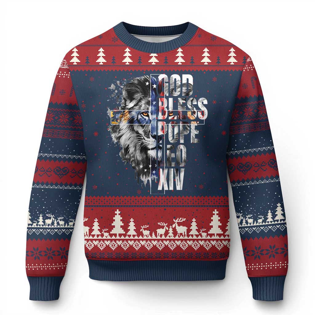 God Bless Pope Leo XIV Ugly Christmas Sweater Lion American Flag TS11 Navy Red Print Your Wear