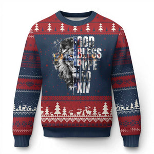 God Bless Pope Leo XIV Ugly Christmas Sweater Lion American Flag TS11 Navy Red Print Your Wear
