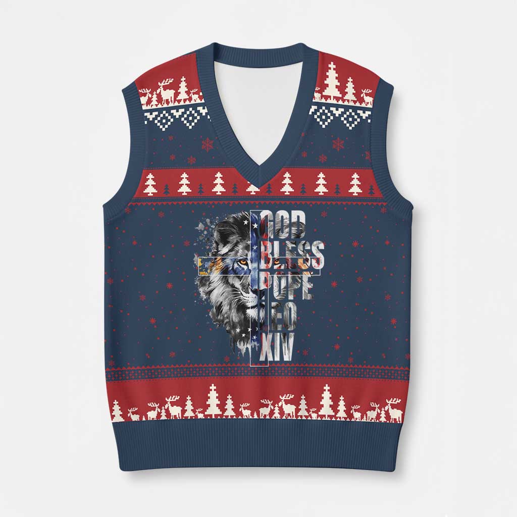 God Bless Pope Leo XIV V-Neck Knit Sweater Vest Lion American Flag TS11 Navy Red Print Your Wear